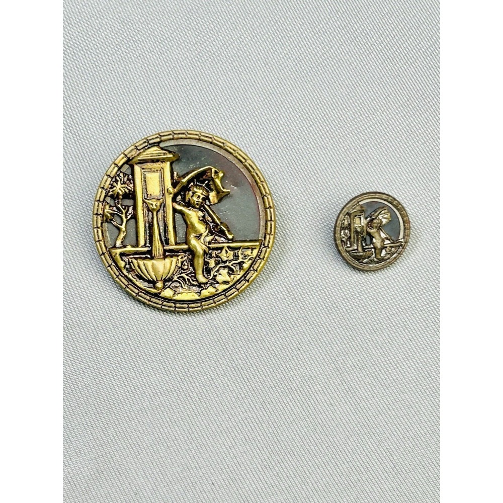 Cupid At The Fountain Large & Mini Antique Metal Loop Picture Buttons Set Of 2